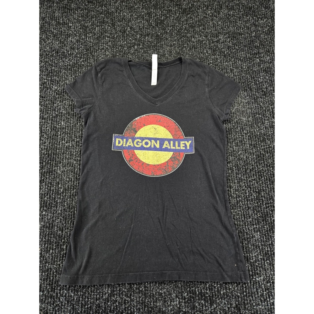 Diagon Alley Graphic V-Neck T-Shirt Black Womens Large 100% Cotton